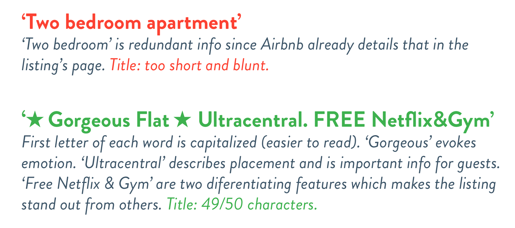 Examples of good and bad titles for short term rentals